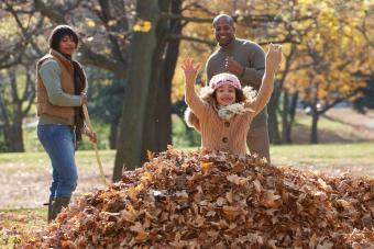 familia rastrillando hojas de otoño