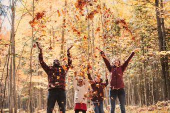 familia en un bosque, arrojando hojas de arce